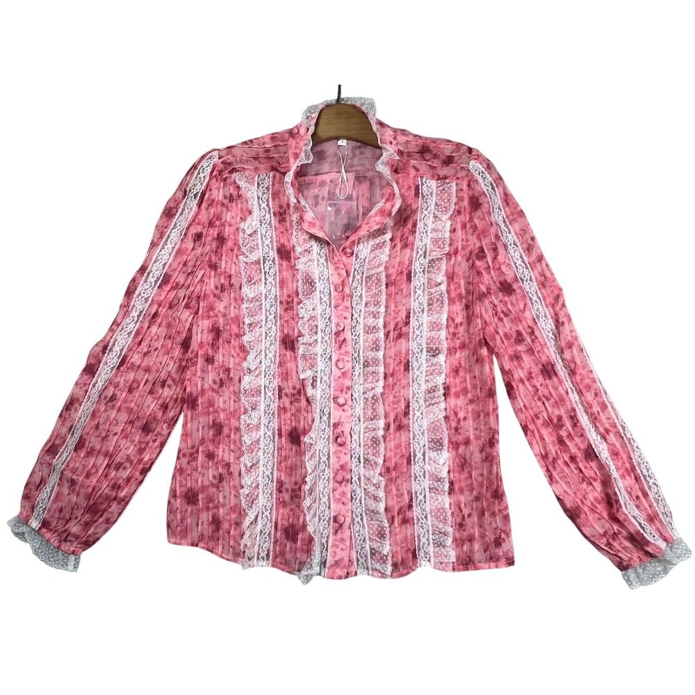 Bohme Pink Floral Pleated Lace Ruffle Button Front Blouse Women S New Coquette
